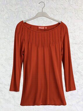 Elle Rust Pima Cotton/Modal Pintuck Blouse 3/4 Sleeve Soft Knit Women's Medium